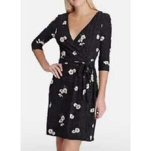 EUC Chaps Ralph Lauren Dress S Small Black Polka Dot Floral Faux Wrap With Tie